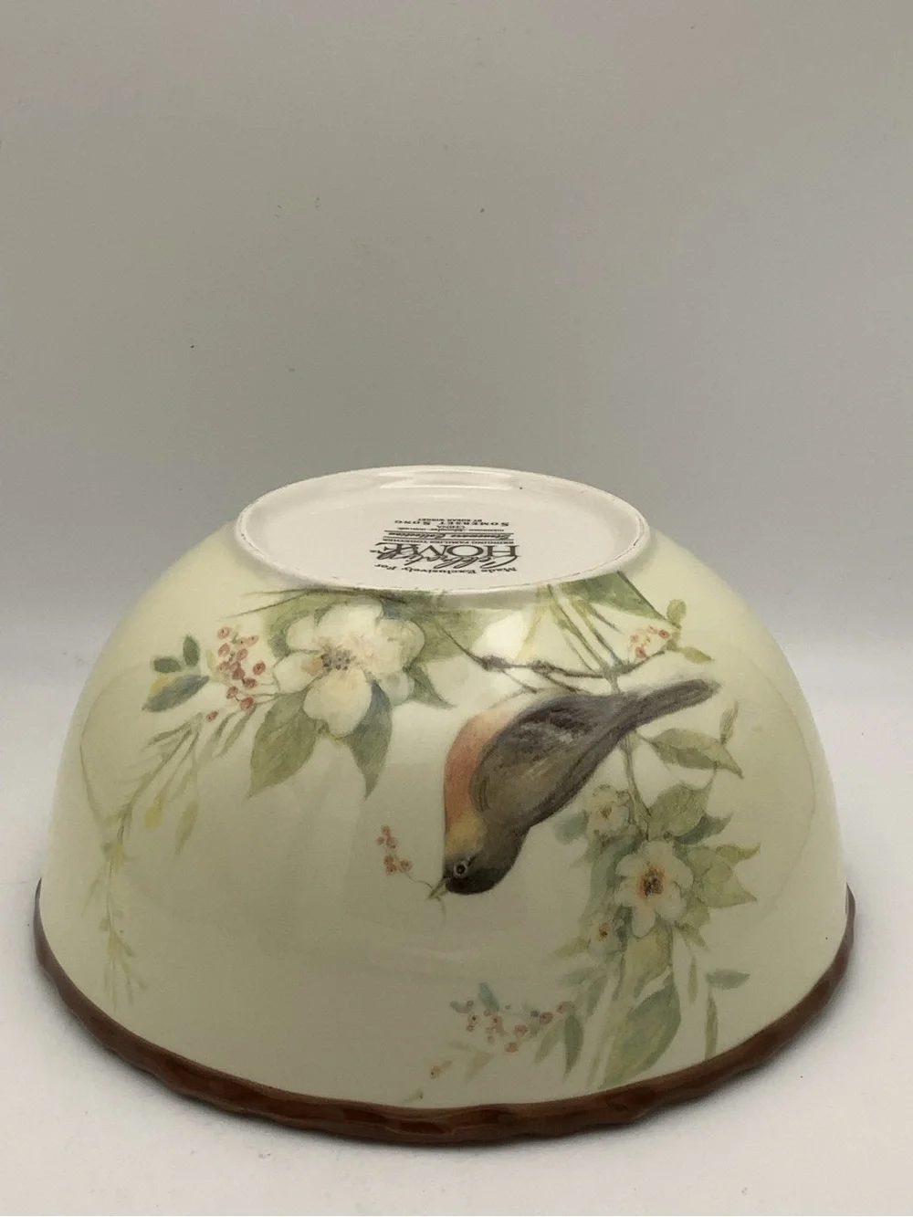 Cream Stoneware Bowl with Brown Twig Rim and Bird Floral Accents